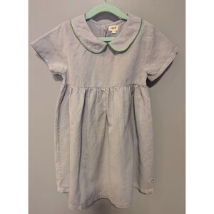 Oeuf Girls Linen/Cotton Peter Pan Collar Dress Light Blue/Green Trim Size 5-6yrs